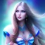 Placeholder: beautiful woman with long hair and smile look the stars and northern aurora blue turquoise lights, blue, pink,