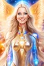 Placeholder: cosmic woman smile, admiral from the future, galactic confédération, fine whole face, crystalline skin, expressive blue eyes,rainbow, smiling lips, very nice smile, costume pleiadian, Beautiful tall woman pleiadian Galactic commander, ship, perfect datailed golden galactic suit, high rank, long blond hair, hand whit five perfect detailed finger, amazing big blue eyes, smilling mouth, high drfinition lips, cosmic happiness, bright colors, blue, pink, gold, jewels, realist, high,rainbows