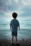 Placeholder: photorealistic painting of young boy looking out to sea, old man dead in background, dark clouds overhead, lightning, shopping trolley on side, dusk