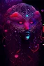 Placeholder: Beautiful giarl, jellyfish, mask neon crystal out her mind beautiful colorfully flowers and star pattern on fur front facing dark smooth colors high contrast background darkred tones,