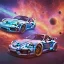 Placeholder: God like, extremely detailed Porsche style car (Centered on image), moving on a silk road through the galaxy, symetrical, HD, 4k, 8k, Photo realistic, neon glow, Power colors