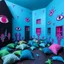 Placeholder: Fotografia di villaggio blu weirdcore dai colori vivaci. Le pareti sono dipinte di nero chiaro con y stilizzate e dettagli come mani. Ci sono occhi rosa con finestrelle quadrate, che danno un senso distopico e molto surreale. Sul pavimento ci sono cose morbide, alcune verdi e altre blu, disposte in modo casuale. L'atmosfera generale sembra noiosa e onirica, con un contrasto tra elementi reali ed elementi dipinti