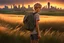 Placeholder: A detailed photo of a scruffy fifteen year old boy wearing a backpack standing in a field with an abandoned city skyline in the background, shaggy blond hair, wearing short sleeves and shorts, sunset, tall grass, bright colours, baste landscape, cinematic photography, high resolution, high quality, highly detailed.