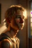 Placeholder: A hyper-realistic portrait of an athletic teen boy with honey brown eyes, messy golden blond hair, cute, innocent and thoughtful, looking out a window, a hint of facial hair, no shirt, shirtless, inside an empty room with warm sunlight streaming in, detailed, high definition, 4K, 8K, quality render, photo realistic