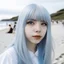 Placeholder: hime hair, white skin, bangs , eyes blue , white hair , beach , girl , cute