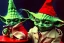 Placeholder: baby Yoda wearing a Christmas hat in a jazz club. 1960's photo real