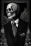 Placeholder: LINE TONE, WSJ STYLE, HEDCUT, ultra high image quality, HEAD AND SHOULDERS SHOT, SKELETON, WEARING A 3 PIECE SUIT, POSED FOR DOLLAR BILL PORTRAIT, , Close-up of an set against AMOLED-worthy pure black backdrop, fantasy art style infused with filter, tailored for vertical wallpaper, exclusive design with no duplicates, radiating beauty suitable for a PC screen image, vivid colors, ultra fine, digital painting, BASED ON THE UNITED STATES TREASURY NOTE ONE DOLLAR BILL