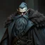 Placeholder: A large grey orclike man with a heavy leather coat fantasy grimdark realistic