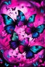 Placeholder: vibrant psychedelic oil painting image, airbrush, 64k, cartoon art image of background HOT PINK and BLACK BUTTERFLIES with music notes , futurism style