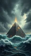Placeholder: Synthography Art in Bocsh painting style nightmare of The Pyramid shape building in the middle of ocean waves water with visual details of mechanical and electrical components and chips and components textures with gray clouds stormy weather in the background