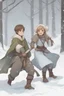 Placeholder: DnD style, two medieval peasant kids playing in the snow, female age 14 and male age 15, happy and playful, he has a short sword. Coats and pants