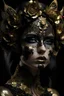 Placeholder: Front view A beautiful frosty vantablack rose headdress adorned beautiful young woman wearing etherialism goled filigree black rose peatals and rose leaves embossed ornated costume ahd metallic filigree botanical Golden glittering half face. Masque organic bio spinal ribbed detail of metallic filigree vantablack background extremely detailed hyperrealistic maximálist concept art