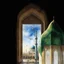 Placeholder: Big person zoom in like the Prophet Muhammad see the jamkaran mosque in Iran has more blue green color and gold for pattern islamic in the dome . one big domes with beautiful lighting . white Daffodil flower in the floor , clouds with small birds in sky with crescent moon of ramdan . painting watercolor ,simple and islamic style , Painting watercolor