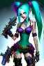 Placeholder: Jinx is a fictional character from the video game "League of Legends." She is typically depicted with long, blue hair and green eyes, and wears a stylish and revealing outfit that resembles a classic magicians' costume. Jinx is often armed with a variety of weapons such as swords, explosive devices, and sharp throwing stars which she uses to fight her enemies in battle. Her chaotic and unpredictable nature is reflected in her maniacal laughing and energetic movements.