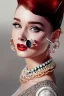 Placeholder: Audrey Hepburn as Harley Quinn Photorealistic dramatic hyperrealistic criyng clown paint ,Crystal black eyes, elegant, by WLOP,Artgerm,Greg Rutkowski, Beautiful dynamic,shadows,Artstation,concept design art,Octane render,8K