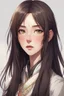 Placeholder: A tall, thin woman with thick long straight dark brown hair, small friendly eyes with an incredulous look. A narrow round face is decorated with a snub nose and small lips, genshin impact style