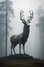 Placeholder: ominous scene of a gigantic stone statue of a deer, standing above a forest, fog and mist, mysterious