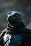 Placeholder: male lizard with jet-black skin, eyes like faceted crystal, wearing full leather armor, a black cloak