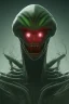 Placeholder: green alien, head, evil, red eyes, big silver teeth, weapons, blood, 8k, finely detailed, photo realistic, HR Giger style