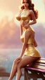 Placeholder: pin up girl, sitting on a bench with perfect legs, mini skirt, smooth delicate skin, soft light, long silky golden hair, fantasy outfit, slight smile, intricate, detailed face, concept art, digital painting, digital art, WLOP and Artgerm art, masterpiece