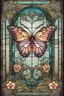 Placeholder: stained glass window design of an overwhelmingly beautiful butterfly framed with vector flowers, long shiny, wavy flowing leaves, polished, ultra-detailed vector floral illustration mixed with hyper realism, muted pastel colours, vector floral details in the background, muted colours, hyper-detailed ultra intricate overwhelming realism in a detailed complex scene with magical fantasy atmosphere, no signature, no watermark