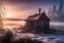 Placeholder: an old dilapidated hut on the lake shore, the sun, next to the forest, severe frost, frost, 4K, high resolution, high detail, 300 mm, f/10.0, 1/1600 ms, HDR+, fantasy, wide range. blue, purple, purple ochre, airy, clouds of smoke, fabulous white landscape, 3D, 16k, surrealism, detailed drawing of details, clear outline, stardust, silk threads, blue, white, lilac, neon, color illustration,, Catherine Welz Stein