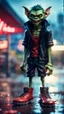 Placeholder: full figure portrait of a vampire werewolf goblin gremlin with soccer boots on wet asphault in front of gaz station, in the style of Gorillaz,bokeh like f/0.8, tilt-shift lens 8k, high detail, smooth render, down-light, unreal engine, prize winning