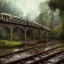 Placeholder: an abandoned train on tracks falling apart and overgrown by nature with large puddles of water flooding part of tracks, 8k resolution, high-quality, fine-detail, intricate, digital art, detailed matte, volumetric lighting, illustration, 3D octane render, brian froud, howard lyon, selina french, anna dittmann, annie stokes, lisa parker, greg rutowski