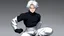 Placeholder: Satoru Gojo is a young tough guy white hair blue eyes black turtleneck without arms white loose pants in a defensive pose