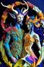 Placeholder: "Satyr Union"; surreal Satyr and Nymph couple wearing colorful Royal wedding attire made with quilling found in nature; Avant-garde