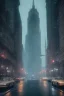 Placeholder: Gotham city, nostalgic, cold, dark blue, gloomy, heavy fog, 8k photorealistic, cinematic lighting, high details, dramatic, atmosphereric