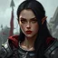 Placeholder: A digital illustration shoot from a portrait camera angle about a portrait of a young woman with striking features. In the middle of the image, a 20 years old woman, an orc, appears to be looking at the viewer lost in thought. she has long black hair, red eyes, and is wearing armour. her face is painted with red lipstick