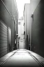 Placeholder: girl in an alley, fisheye, greyscale