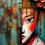 Placeholder: an abstract painting oil in canvas of rusted metal and flowers, Geisha portrait, rust, scaffolding, iron cladding, decay, mixed media, textured, anatomically correct, beautiful perfect face, sharp focus, highly detailed, masterpiece, realistic, intricate detail, sci-fi fantasy style, volumetric lighting, particles, highly detailed ,cinamatic , deep colours, 8k, by Gustav klimt , signed YAK