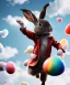 Placeholder: Ultra realistic speed clouds sky scene, wide angle view, childs falling down with many Childs background, rabbit head, inflatable monsters, circus dress style, feather color, free jumping flying, many trinkets, hair monster, many jelly beans, balls, color smoke, smile, happy, extreme, wind, clouds sea, 20,000 feet altitude, stratosphere, soft color, highly detailed, unreal engine 5, ray tracing, RTX, lumen lighting, ultra detail, volumetric lighting, 3d, finely drawn, high definition.