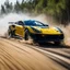 Placeholder: dramatic epic photography ralli art championship supercar race, facing front supercar ,full sticker name DV race decorations,on the way high speed drifting and jumping,on dune and watery spray and dirt roads forest