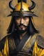 Placeholder: the samurai wearing holds a sword, in the style of anime aesthetic, yellow and black, Ancient japanese warrior, Antique Edo Period Kabuto helmet, Orientalist oil painting, in the style of Jean-Léon Gérôme