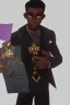 Placeholder: Dashing black man in a suit, holding a deck of cards. There's a young fey dragon with him.