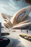 Placeholder: A cultural center simulating the design of Zaha Hadid, beige color, with internal and external lighting, landscape, flowers, parking lots and people.