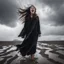 Placeholder: Portrait of a girl screaming loudly with a black robe that was torn in an explosion, walking in the mud of Lapindo, the strong wind blowing her hair and, staring, gray flat sky background, a perfect combination of bright contrast and delicate patterns, symmetrical composition, dramatic landscape