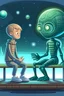 Placeholder: alien and a boy sitting on a bench. alien isshowing boy with his alien hand the universe that boy never saw with his human eyes. there are geometric stuff all around and some planet stuff. boy and alien are friends.