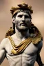 Placeholder: Realistic image, Roman sculpture made in white marble with gold veins, Lionel messi with gold laurel leaves crown, two blue brushes, decorative star on the chest, waist up portrait, marble material, gold ornaments, Baroque style, sun rays background, epic, celestial, cinematic lighting, God lights, 4k resolution, smooth details, soft lighting, unreal engine 5, art station, substance 3d.