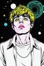 Placeholder: A vibrant illustration of a psychedelic , 𝙘𝙤𝙨𝙢𝙞𝙘 𝙝𝙤𝙧𝙧𝙤𝙧 in a scott pilgrim style, in a white and black background, a with man with short hair