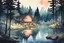 Placeholder: retro anime style, full color, dark serious 1980s anime style, A lake in the forest with a cottage, watercolor, forest,