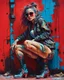 Placeholder: close up, full color painting of squatting cyberpunk girl, sunglasses, high heel shoes, perfect hourglass figure, (((Graffiti art) (by Carne Griffiths))), red wall background, insane details, intricat Modifiers: highly detailed Award winning photography fantasy 8k photorealistic beautiful poster award winning imperial colors fantastic view ultra detailed 4K 3D colourful very cute cinematic postprocessing acrylic art Craig Rutkowski