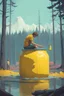Placeholder: a picture of a guy bathing in a big yellow jar, he is in a adventure park with his girlfriend, art style simon stålenhag