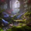 Placeholder: fantasy concept art, dynamic lighting, Intricately detailed, Splash screen art, deep color, Unreal Engine, volumetric lighting, blue flowers, Fantasy library artwork, moss, leather, library artwork, crystals,