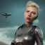 Placeholder: Ultra Realistic retro sci-fi movie war scene, waist up view portrait, blonde woman pointing a gun, sweet scarlet Johansson face, perfect iris, glow eyes, makeup, weapon. Drones background, Retro sci-fi style, helmet, tight latex coat, fog, rain, soft color, highly detailed, unreal engine 5, ray tracing, RTX, lumen lighting, ultra detail, volumetric lighting, 3d, finely drawn, high definition, high resolution.