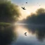 Placeholder: Hyper Realistic early morning (6:40 am) scenery of a riverside where a beautiful bird flying just few inches above the river water showing dramatic and cinematic ambiance.