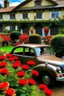 Placeholder: سيارة كلاسيكية مليئة بجميع أنواع الورود في حديقة منزل عتيق